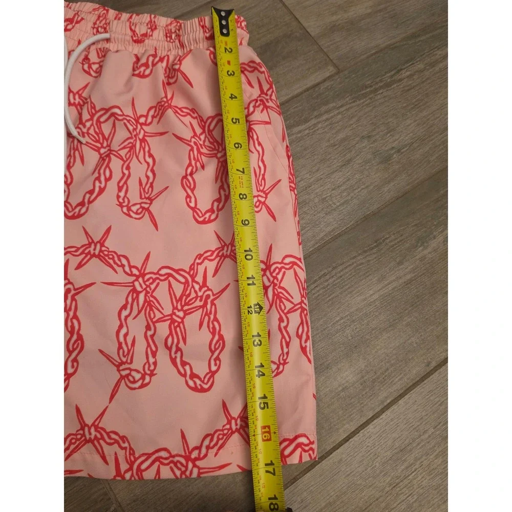 Pink Barbed Wire Print Swim Trunks Mens Small Red Chain Graphic Board Shorts